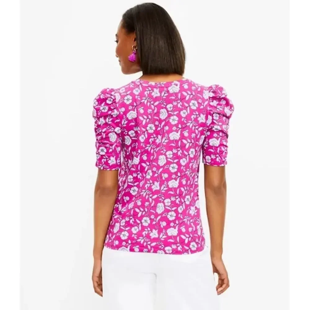 Ann Taylor LOFT Top Small Pink Floral Puff Sleeve Tee 100% Cotton
